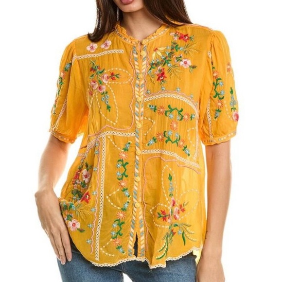 Johnny Was Mircea Blouse Embroidered Boho Buttons Tassles M - Picture 1 of 5